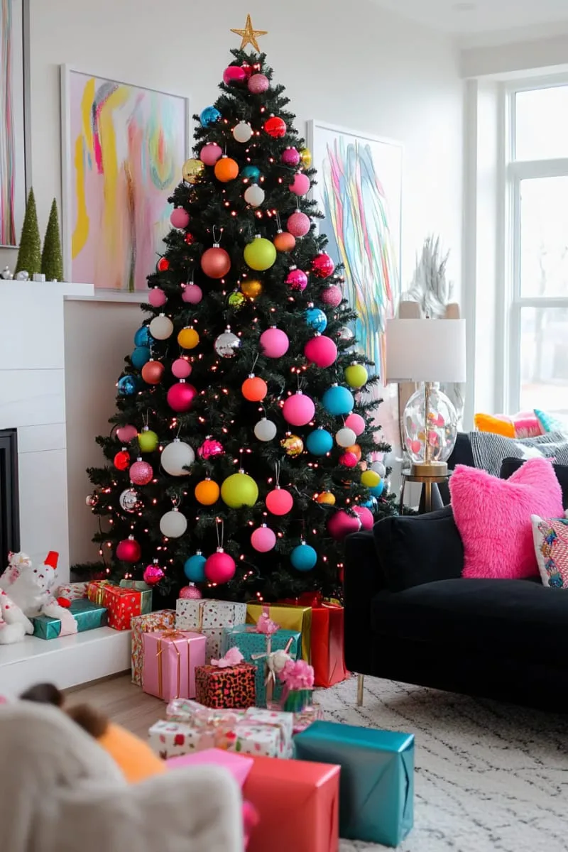 21 Whimsical Colorful Christmas Trees That Wow! 41 black christmas tree with neon ornaments for a bold, modern contrast 1