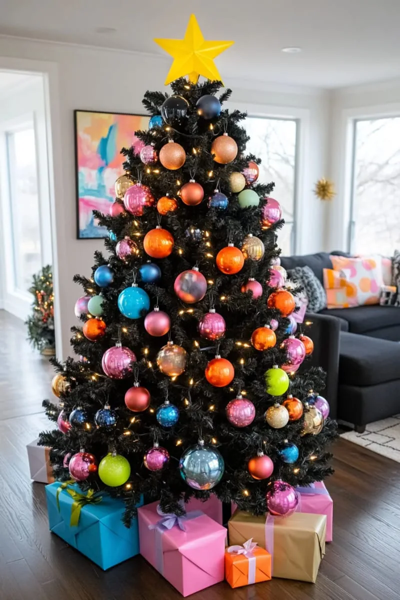 21 Whimsical Colorful Christmas Trees That Wow! 42 black christmas tree with neon ornaments for a bold, modern contrast 1