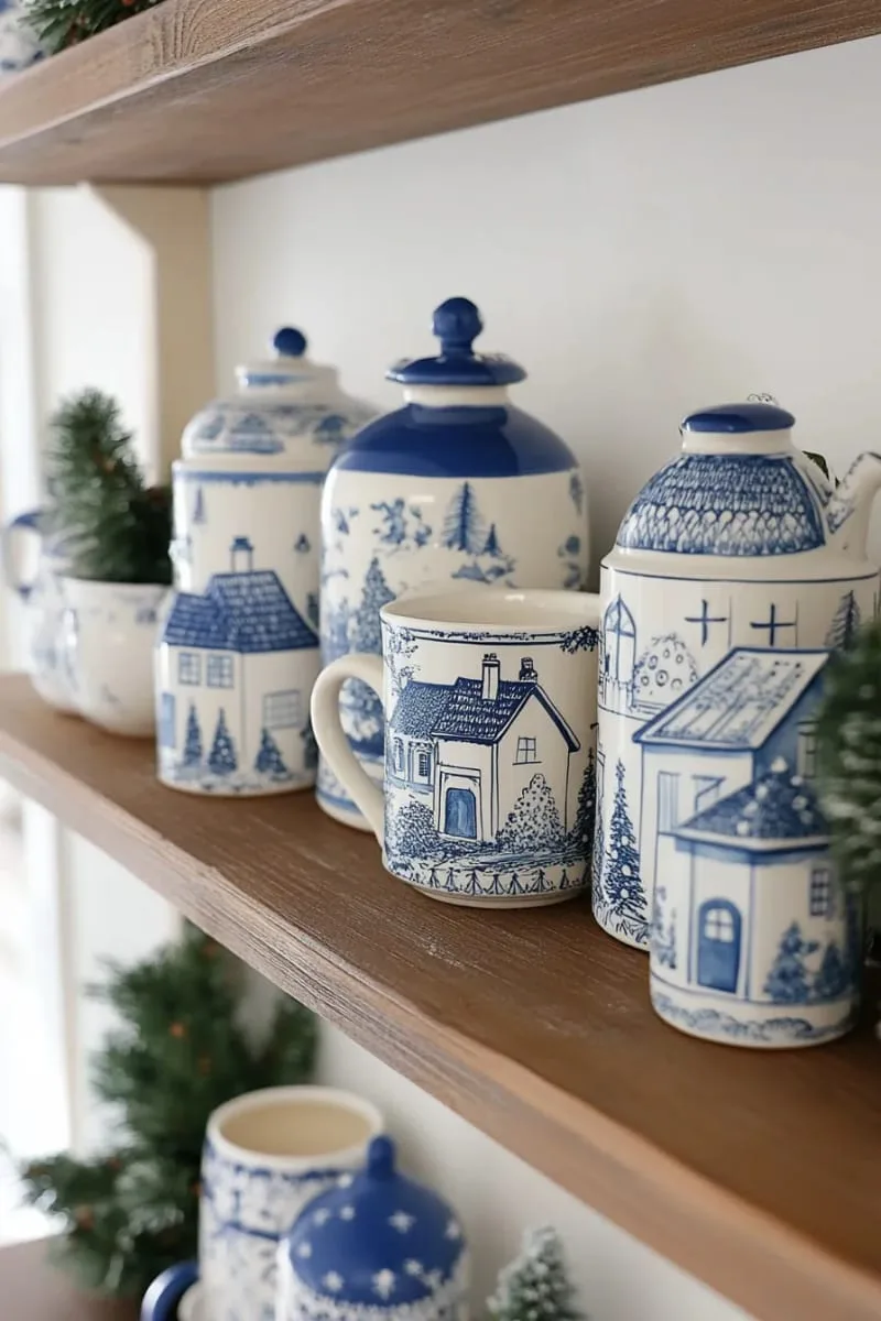 blue and white ceramics with hand-drawn winter village scenes 1