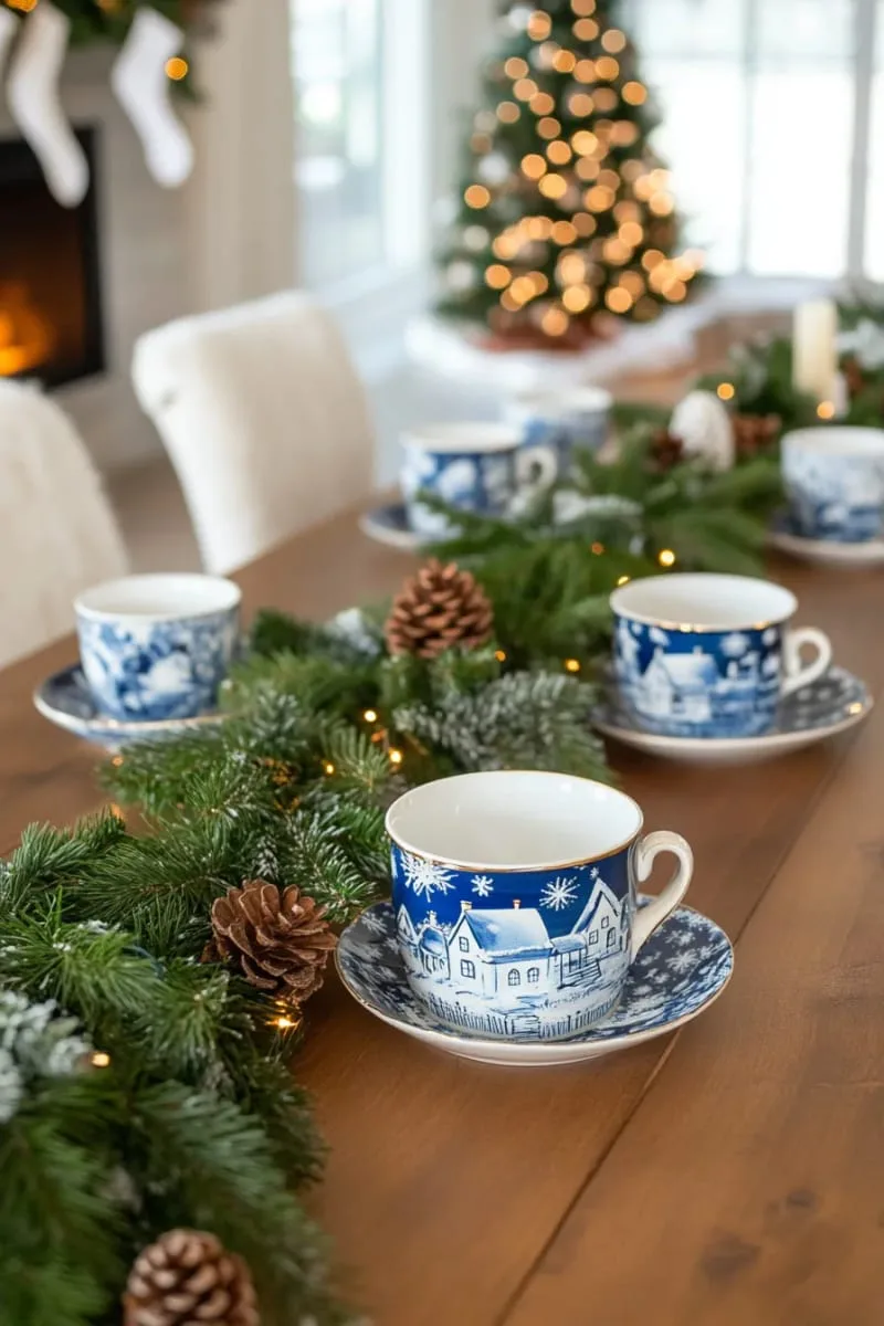 blue and white ceramics with hand-drawn winter village scenes 1
