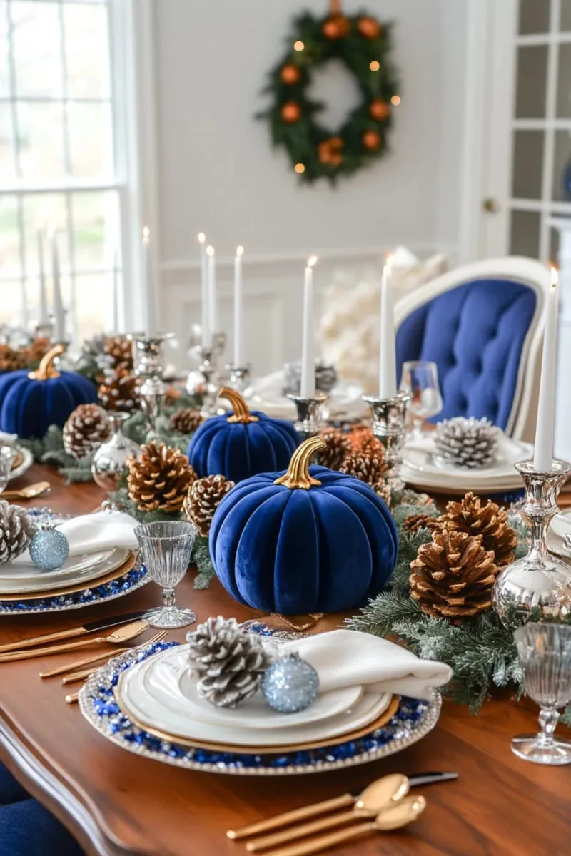 blue velvet pumpkins with silver pinecones for elegant tablescape 1