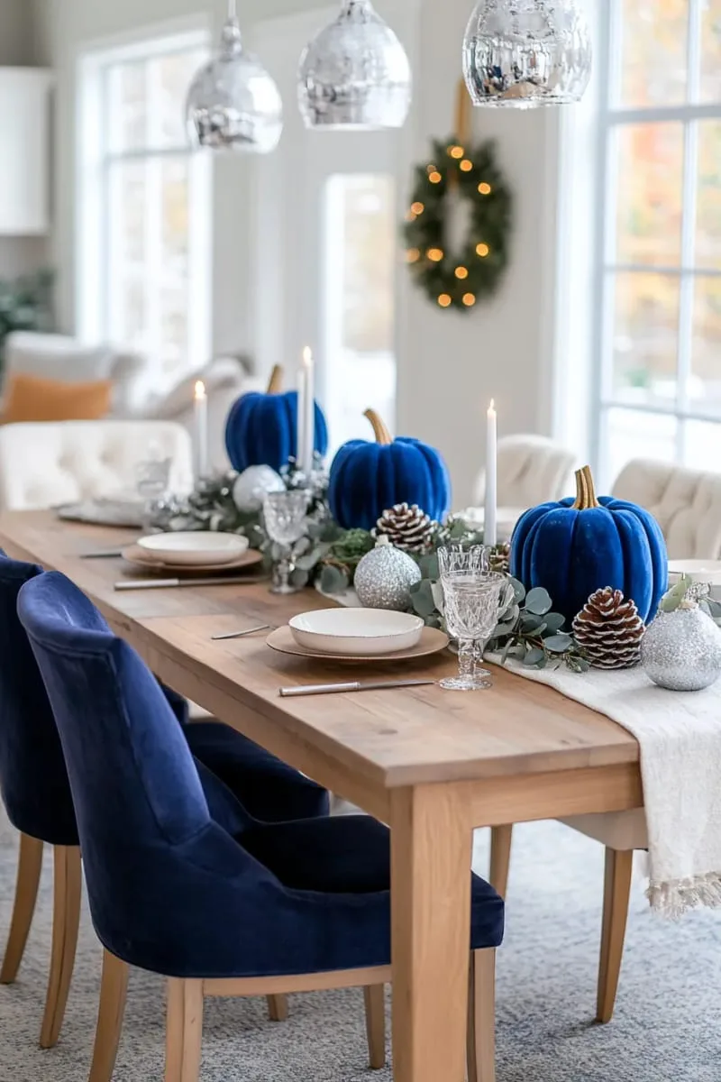 blue velvet pumpkins with silver pinecones for elegant tablescape 1