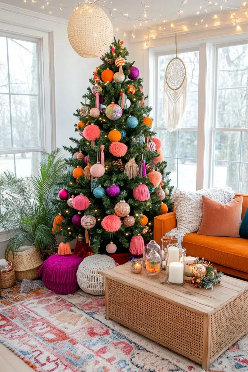21 Whimsical Colorful Christmas Trees That Wow! 10 boho chic tree with multicolored pom-poms, tassels, and macrame accents 1