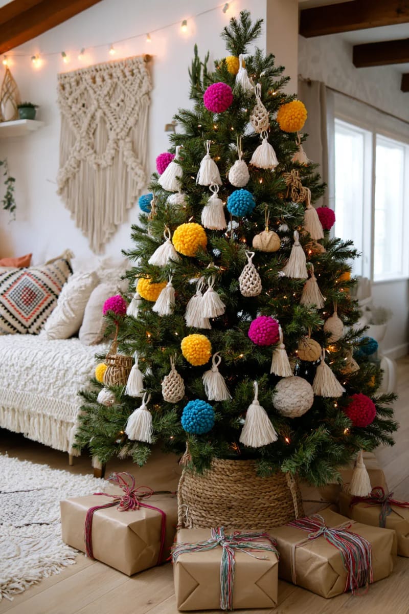 boho chic tree with multicolored pom-poms, tassels, and macrame accents 1
