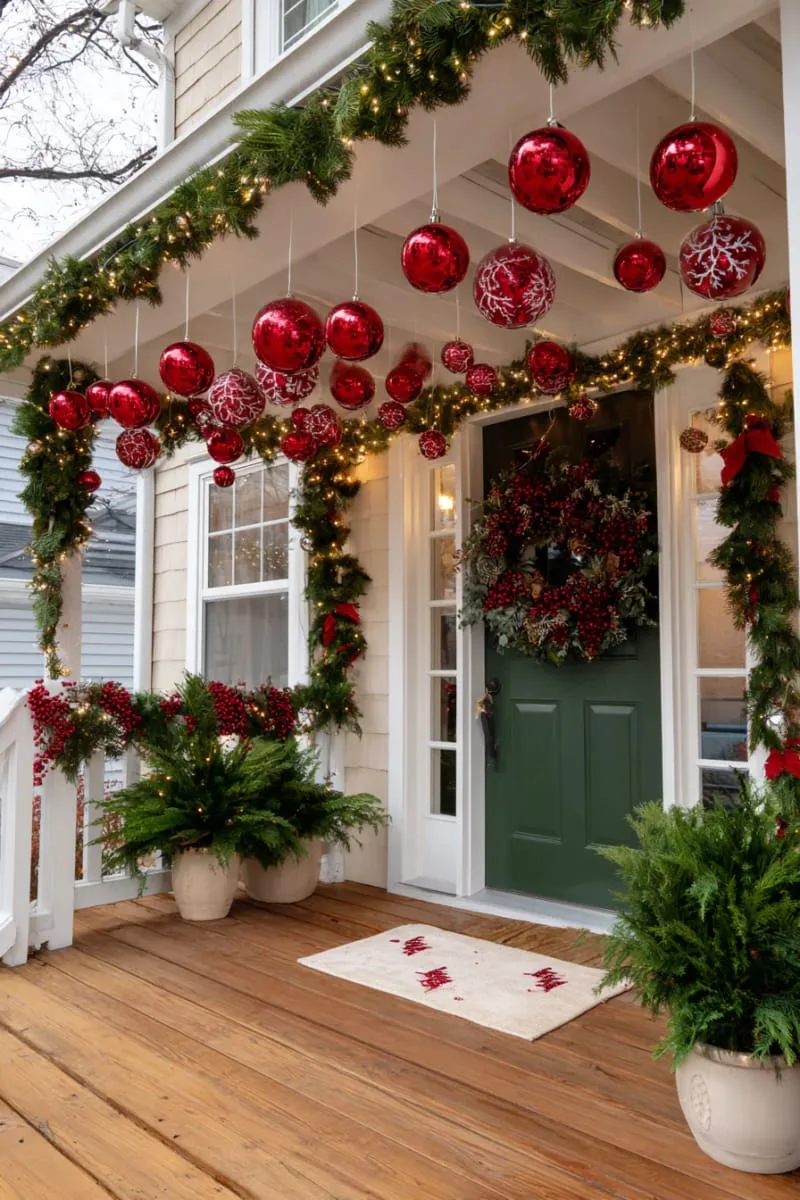 bright red ornaments cascading from porch ceiling or beams 1