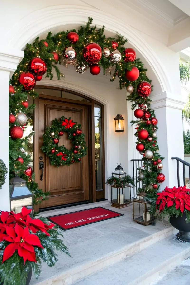 bright red ornaments cascading from porch ceiling or beams 1