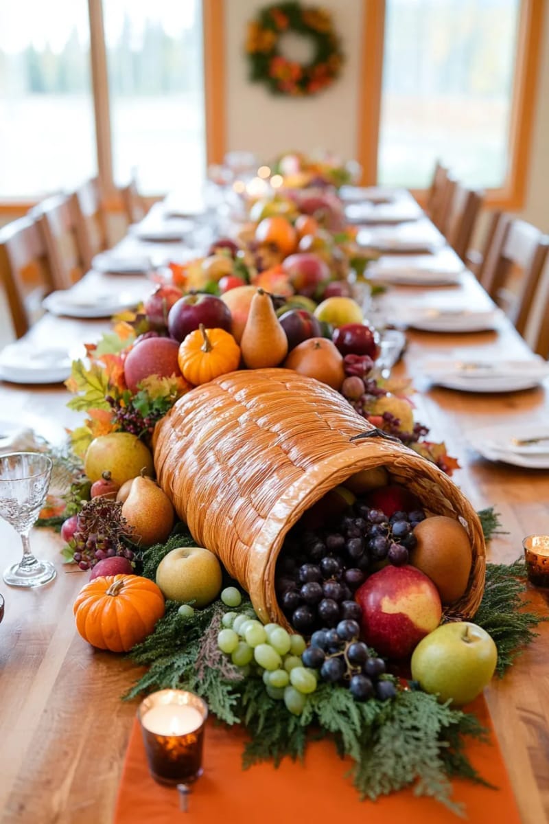 buffet table with edible centerpiece: bread cornucopia filled with fruits 1