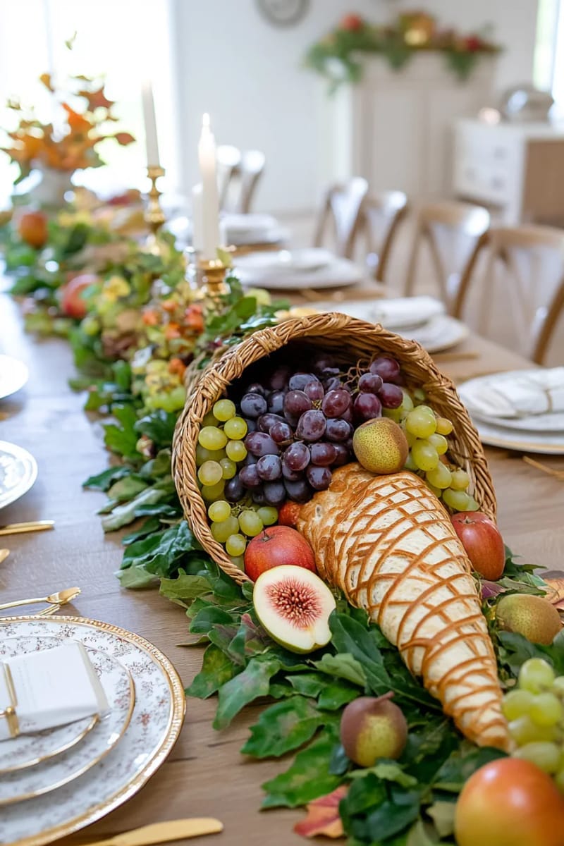 buffet table with edible centerpiece: bread cornucopia filled with fruits 1