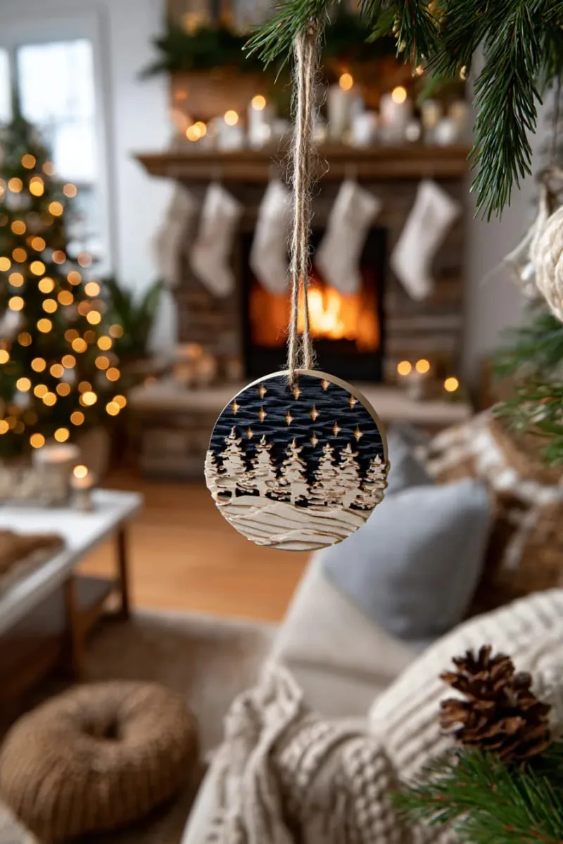 burned wood ornament featuring a winter night sky and metallic painted stars 1