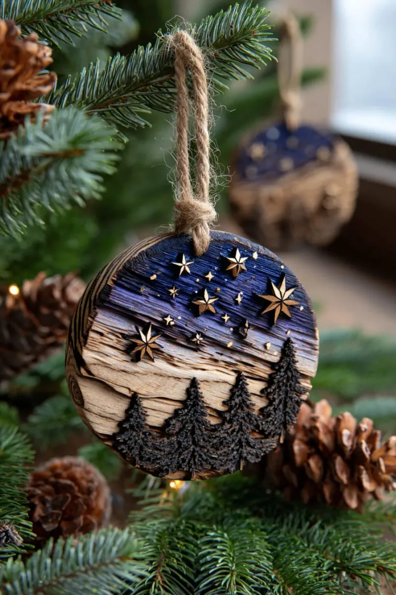 burned wood ornament featuring a winter night sky and metallic painted stars 1