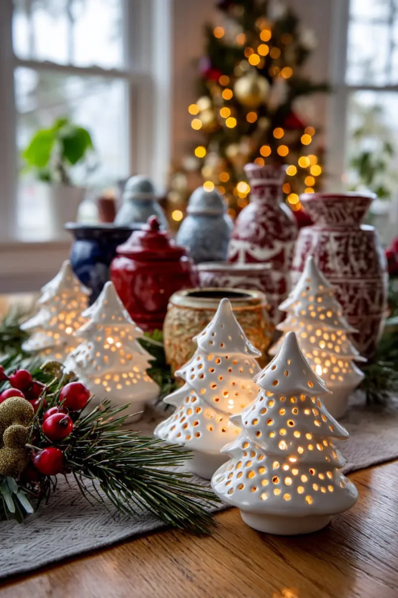 candle-lit ceramic tree lanterns with pierced holes for glowing effects 1