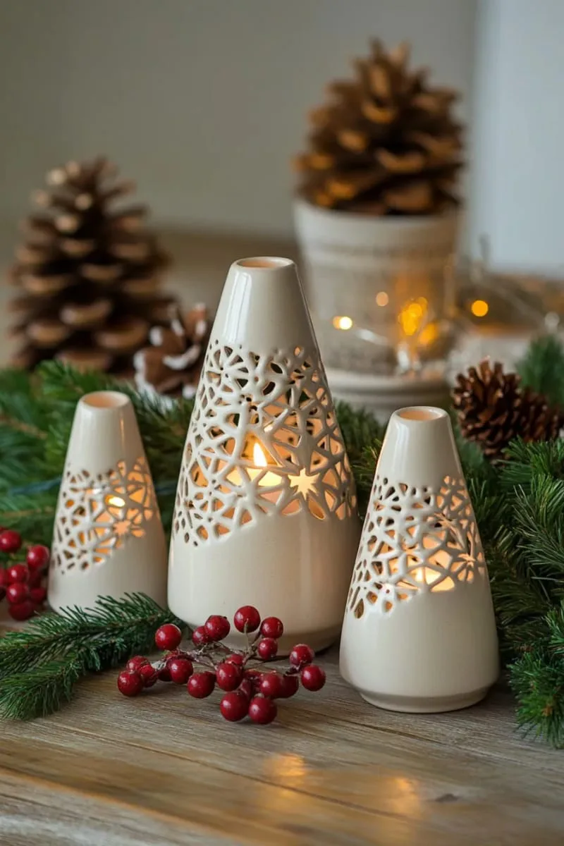 candle-lit ceramic tree lanterns with pierced holes for glowing effects 1