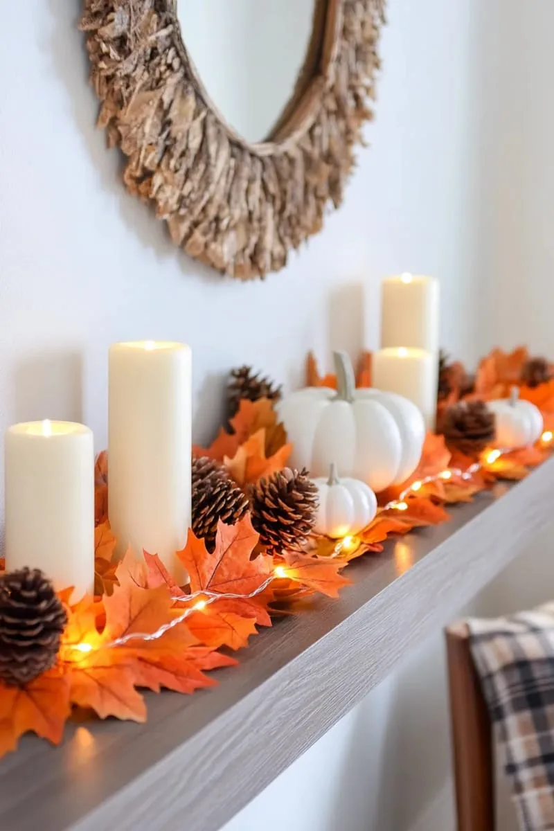 candlelit mantel garland with orange leaves and mini fairy lights 1