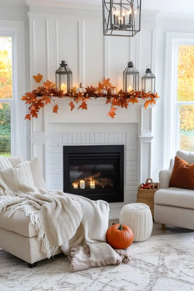 candlelit mantel garland with orange leaves and mini fairy lights 1