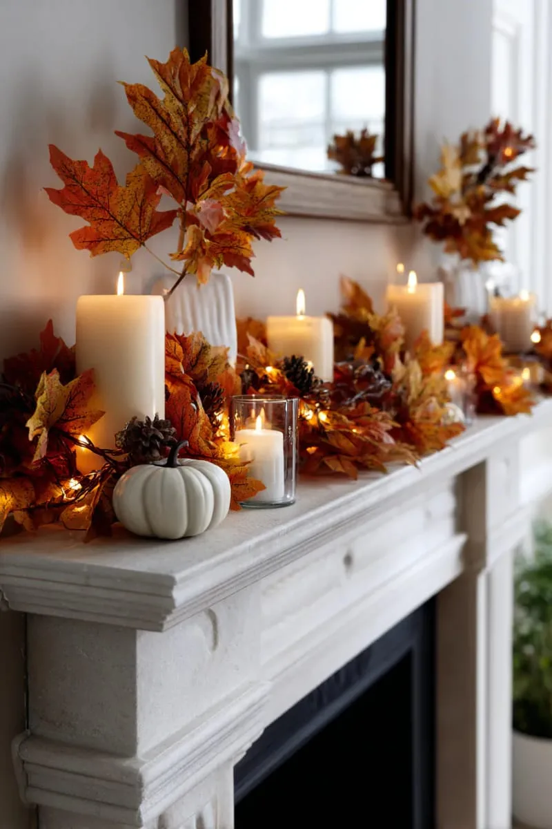 candlelit mantel garland with orange leaves and mini fairy lights 1