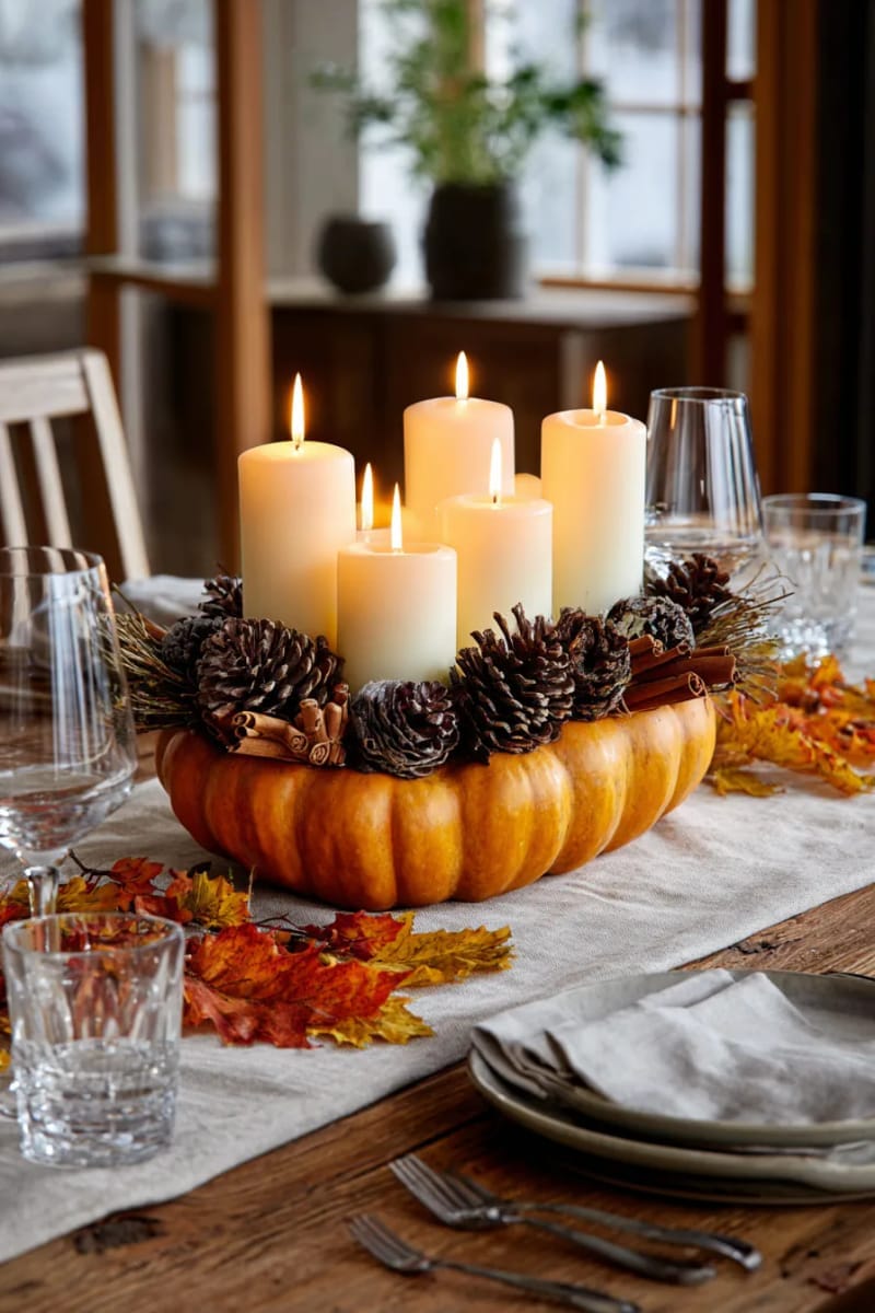 candlelit pumpkin centerpiece with pinecones and cinnamon sticks 1