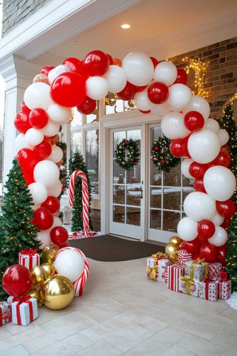 candy cane archway made from twisted red and white balloons for the entry 1