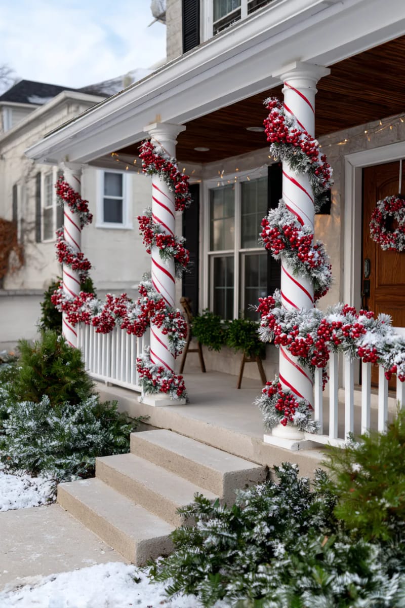candy cane striped garland winding up porch columns with frosted berries 1