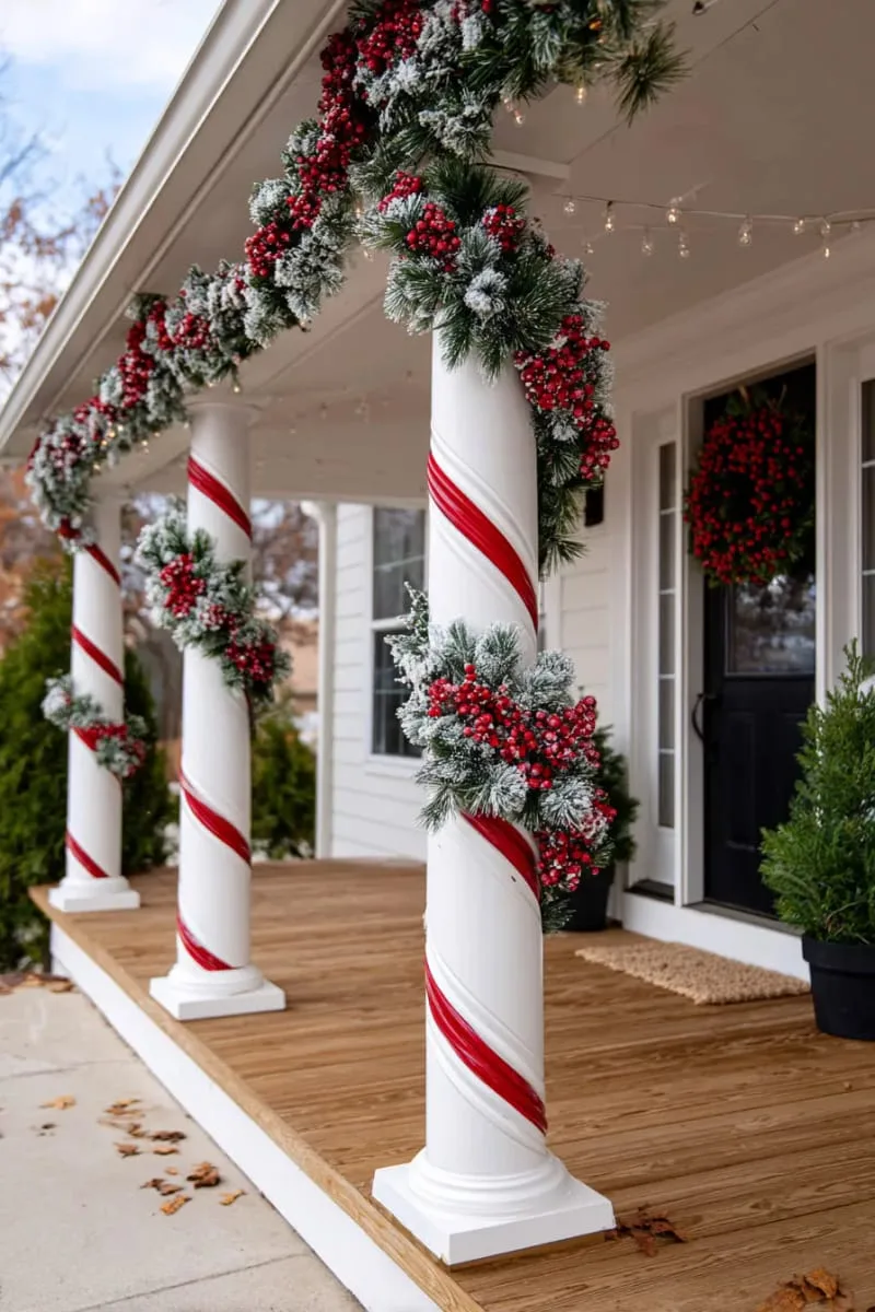 candy cane striped garland winding up porch columns with frosted berries 1
