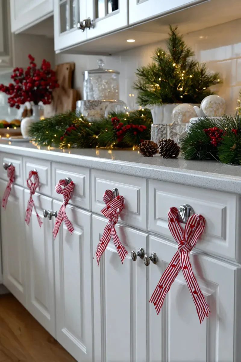 candy cane striped ribbon crisscrossed over white cabinet fronts 1