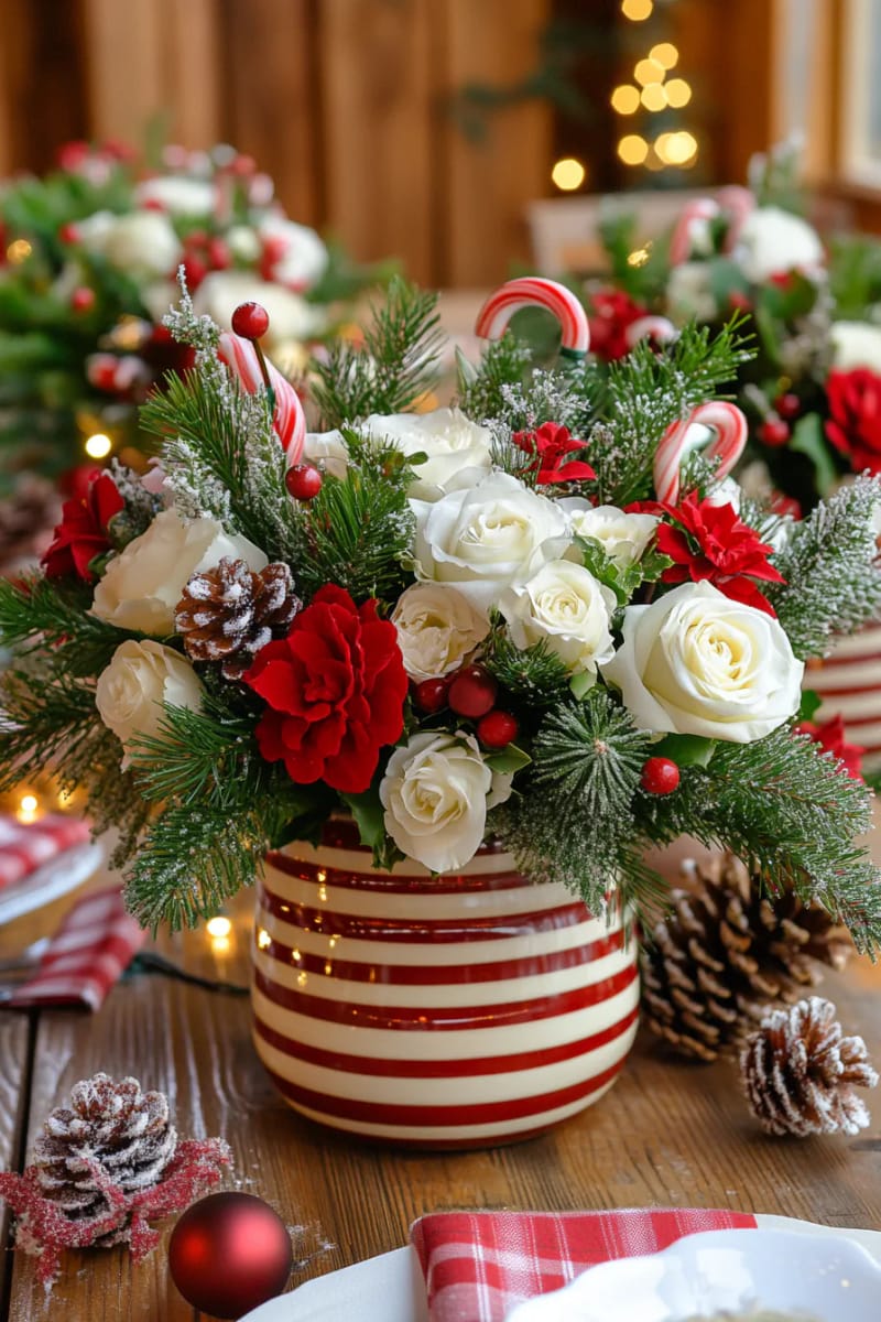 candy cane striped vases holding fresh white flowers and pine needles 1