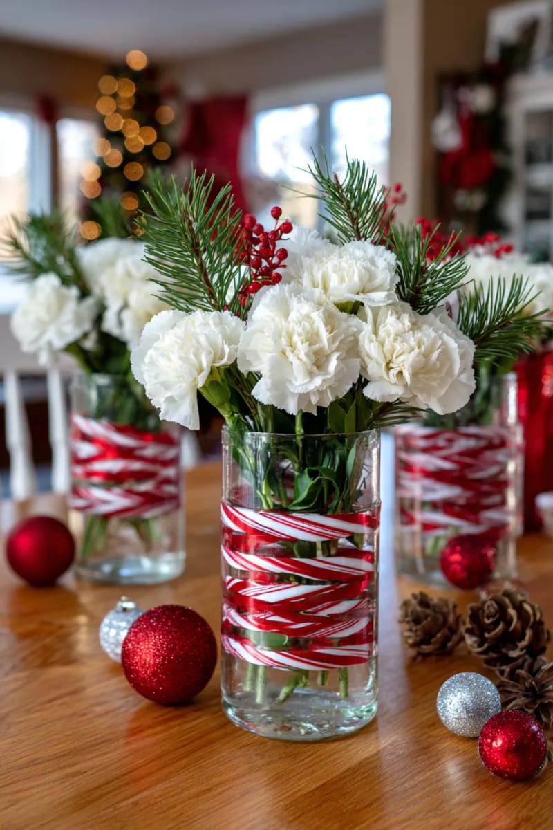 candy cane striped vases holding fresh white flowers and pine needles 1