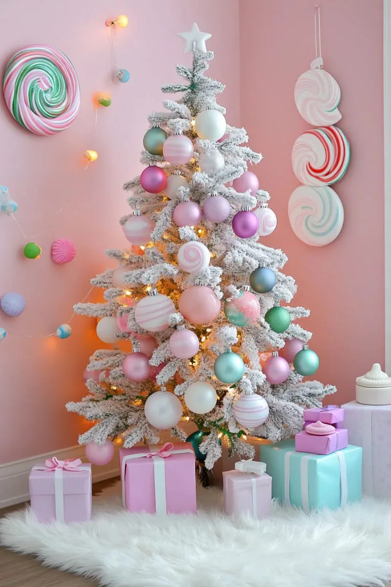 21 Whimsical Colorful Christmas Trees That Wow! 5 candyland-inspired tree covered in pastel baubles, giant lollipops, and sweets 1