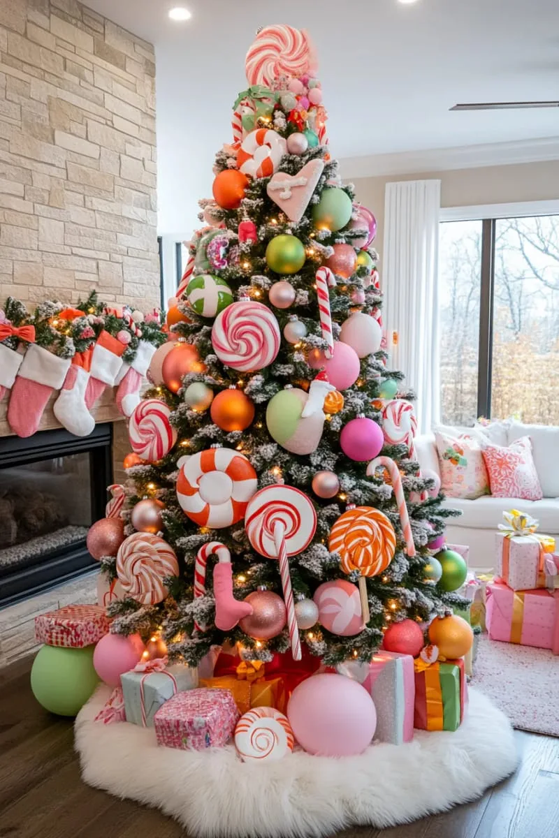 21 Whimsical Colorful Christmas Trees That Wow! 6 candyland-inspired tree covered in pastel baubles, giant lollipops, and sweets 1