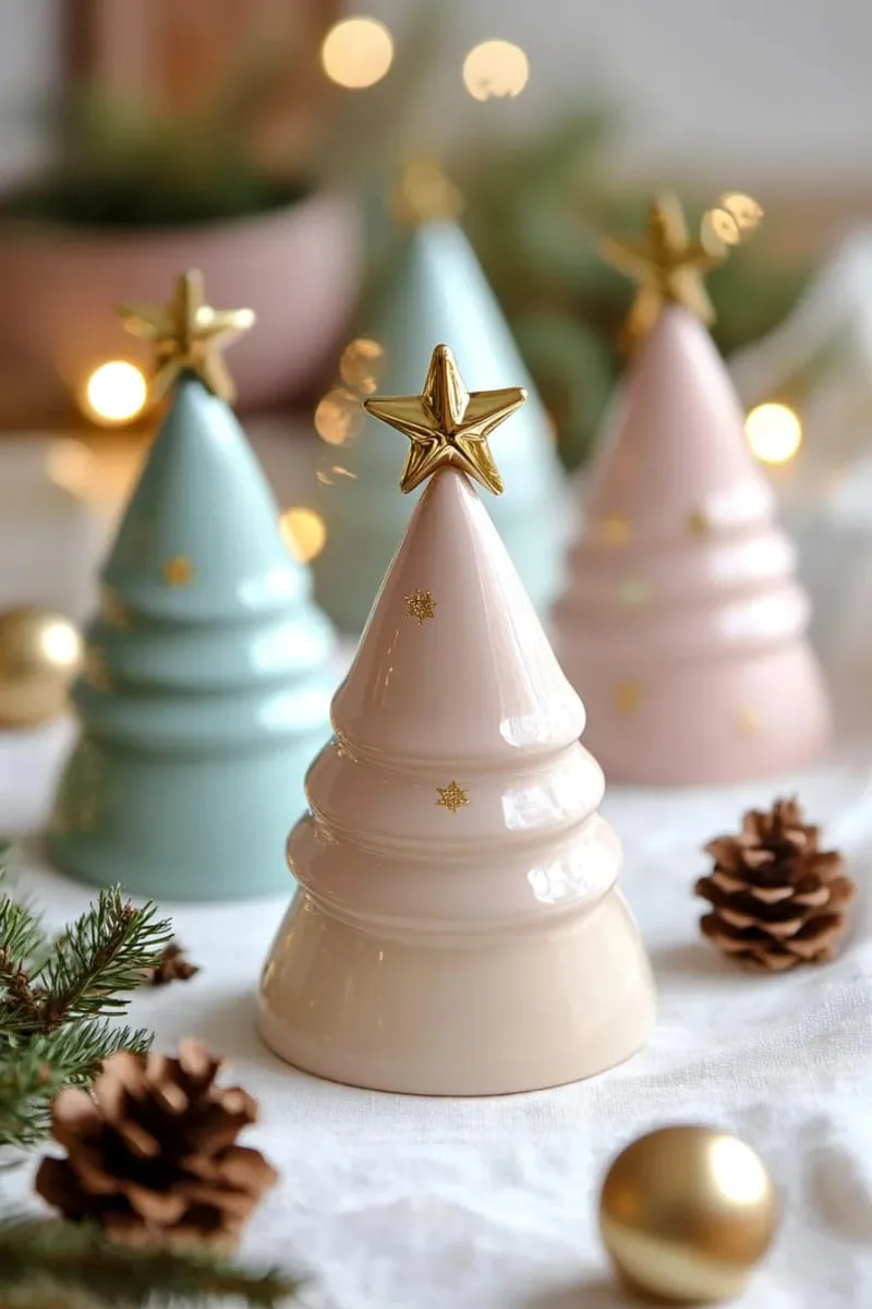 ceramic forest of pastel christmas trees with gold star toppers 1