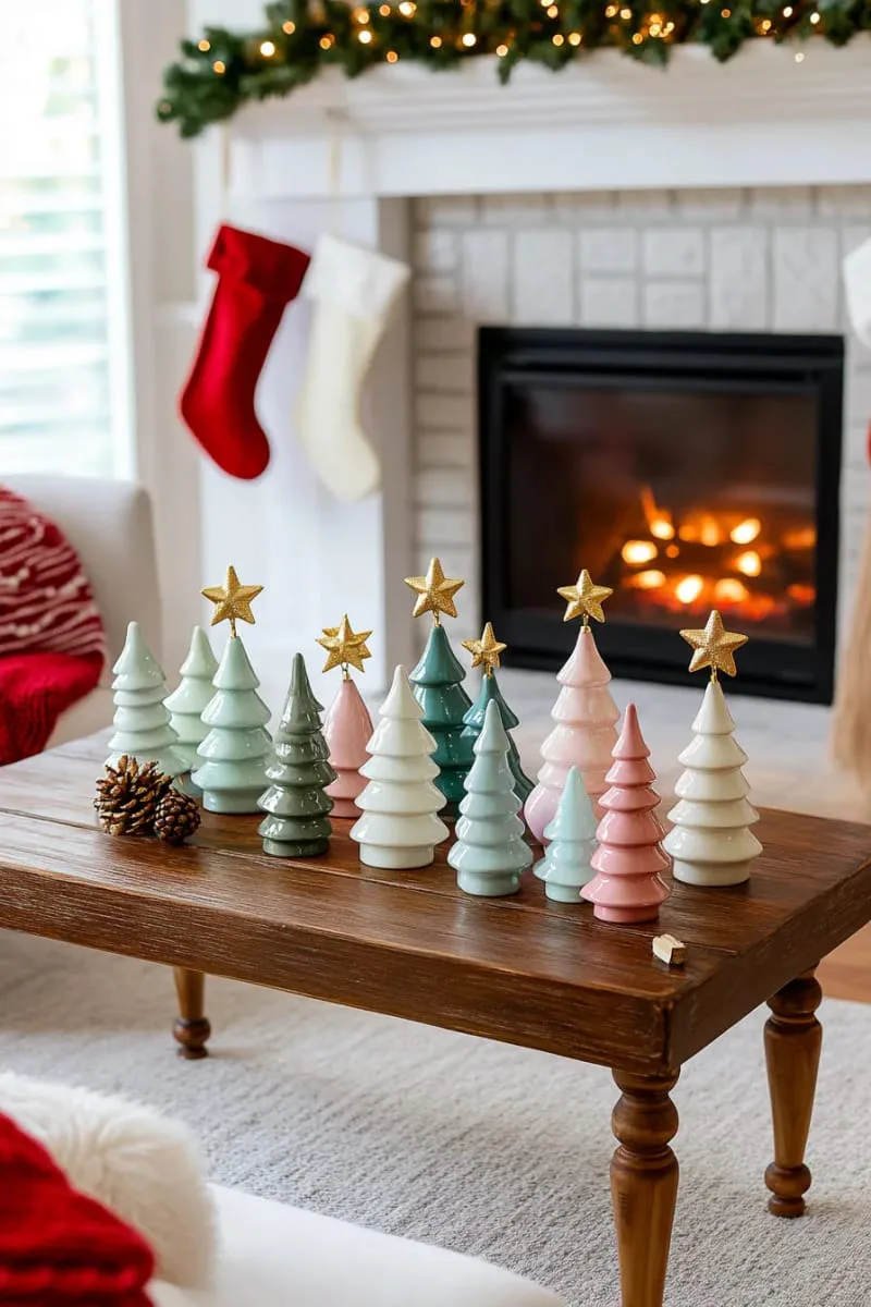 ceramic forest of pastel christmas trees with gold star toppers 1