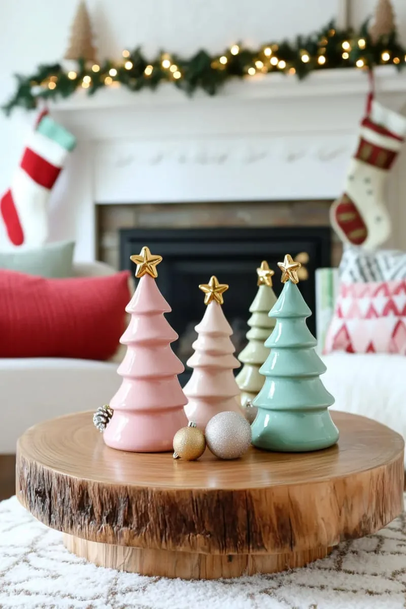 ceramic forest of pastel christmas trees with gold star toppers 1