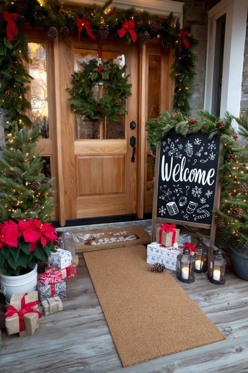 chalkboard welcome sign with hand-drawn christmas motifs 1