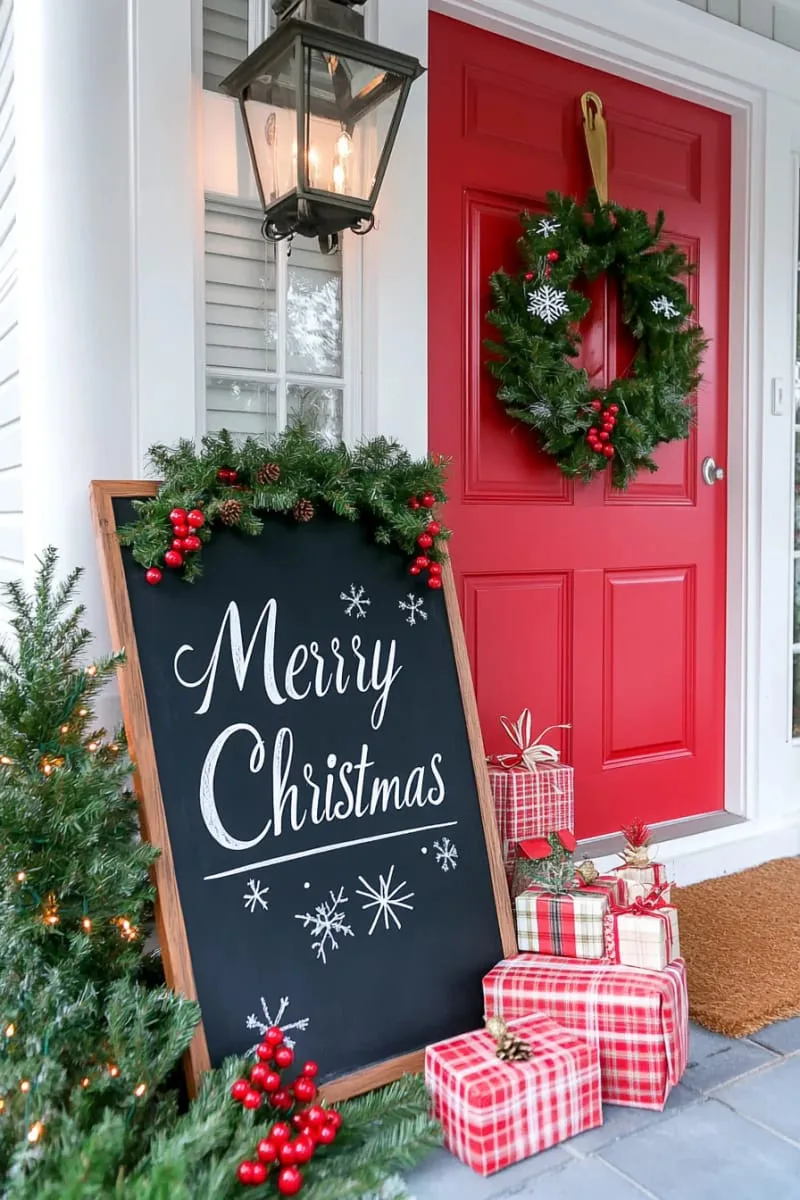 chalkboard welcome sign with hand-drawn christmas motifs 1