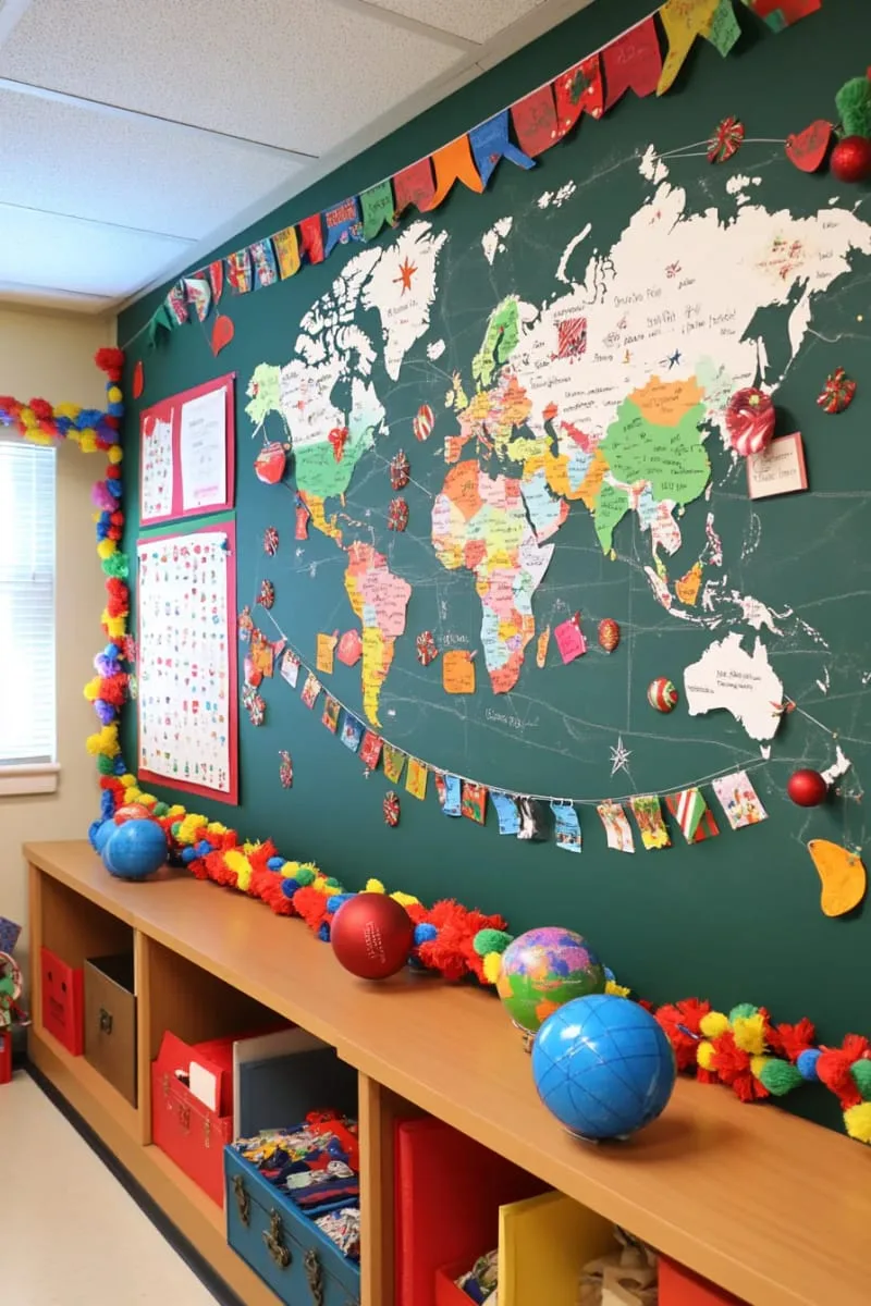 21 Festive Classroom Christmas Decor Ideas for a Joyful Season 31 “christmas around the world” wall with flags and holiday facts from different countries 1
