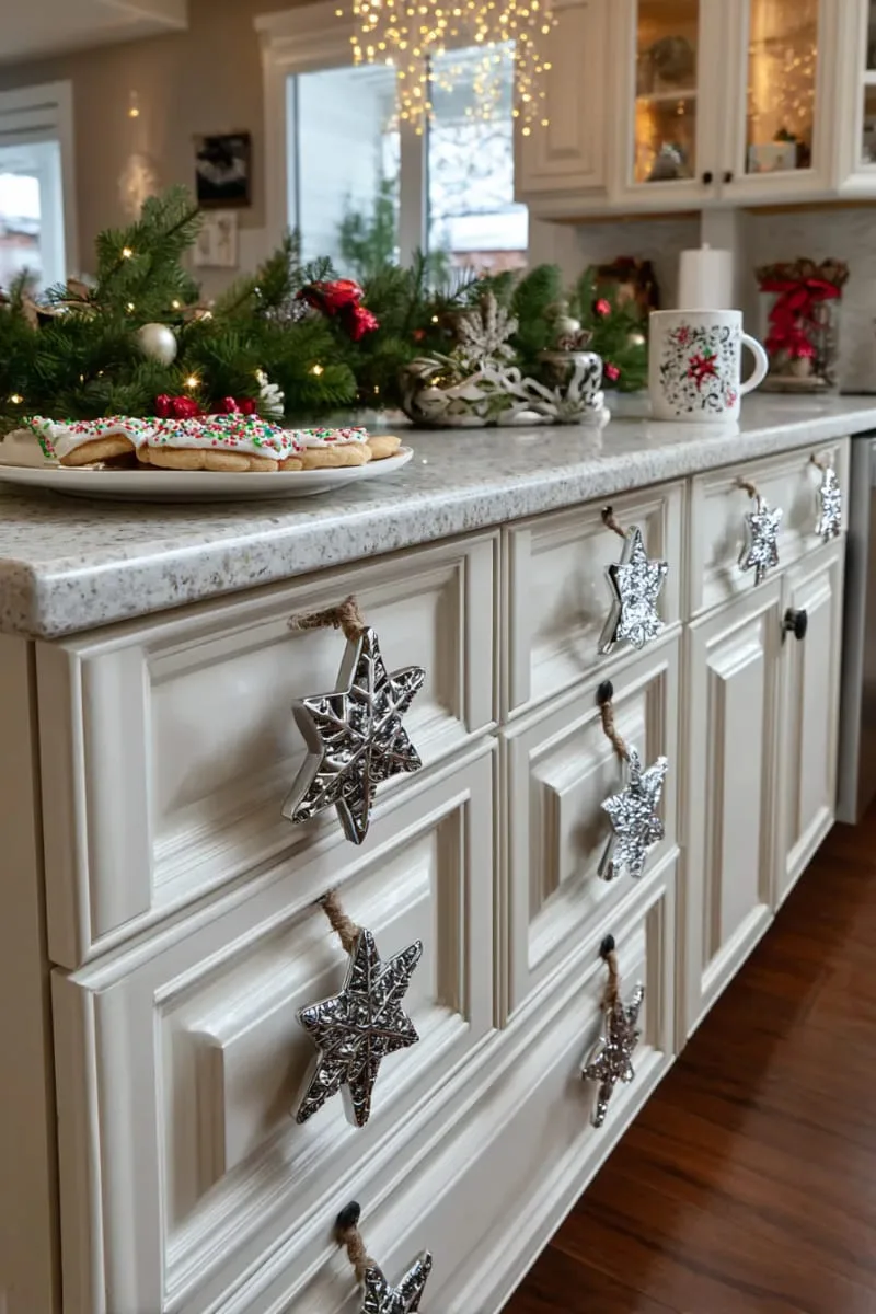 christmas cookie cutter shapes tied with twine on each drawer pull 1