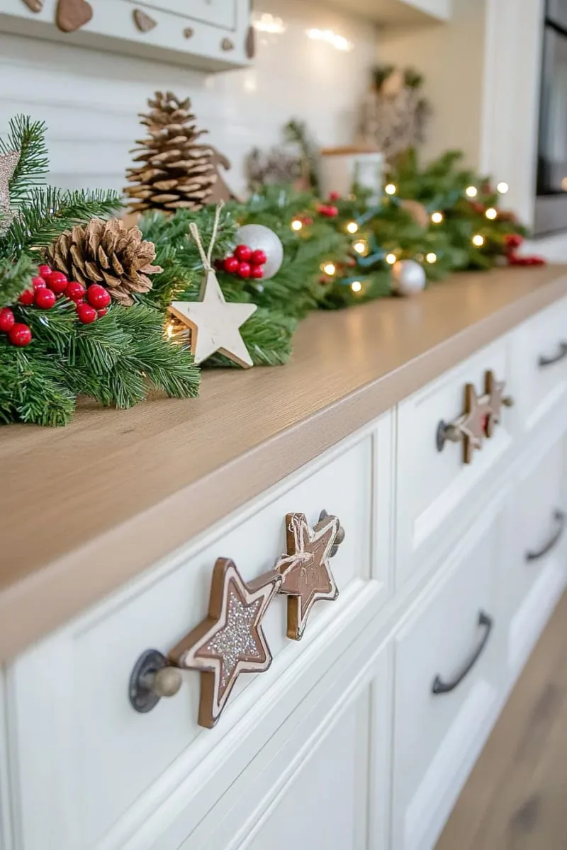 christmas cookie cutter shapes tied with twine on each drawer pull 1
