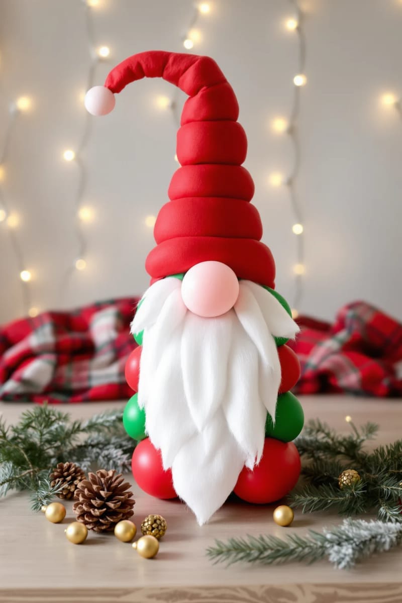 christmas gnome made from layered balloons and felt accessories 1