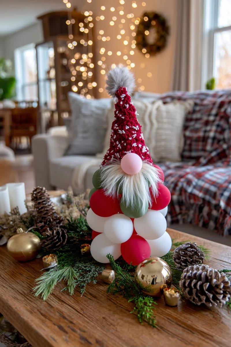christmas gnome made from layered balloons and felt accessories 1