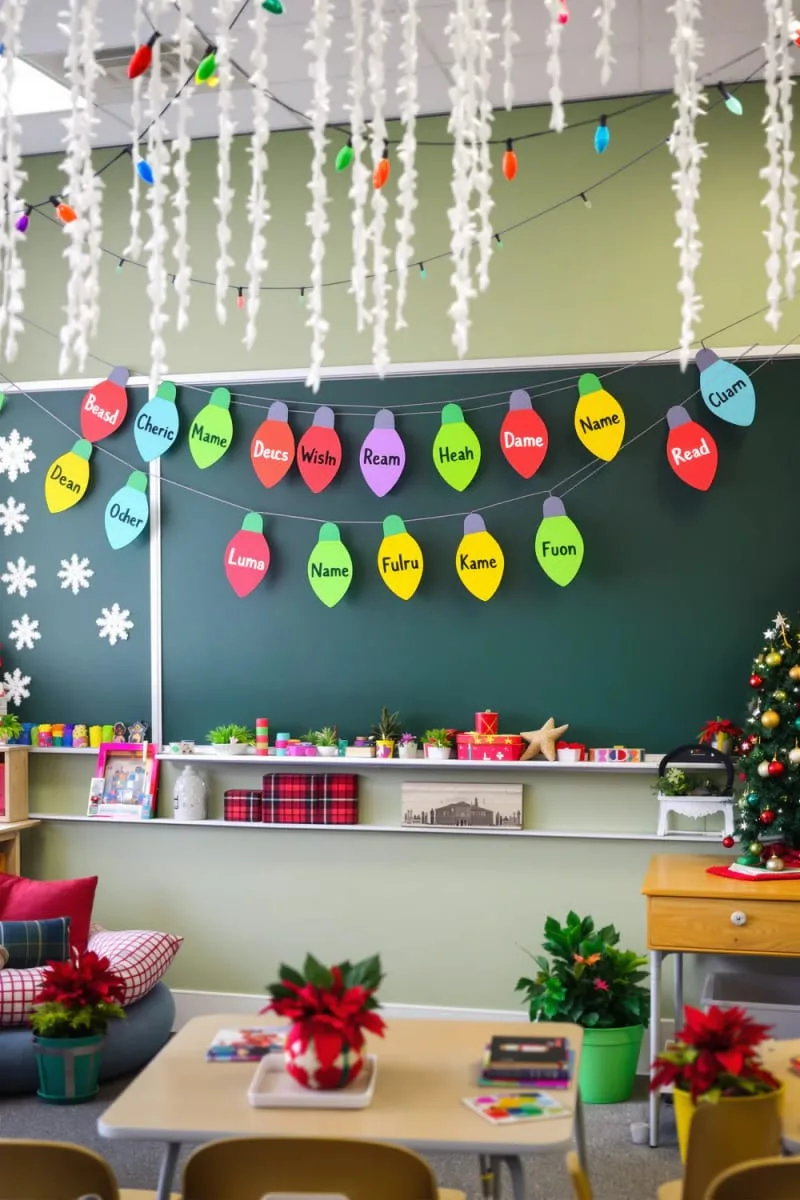 21 Festive Classroom Christmas Decor Ideas for a Joyful Season 25 christmas light bulb garland featuring student names in bright colors 1