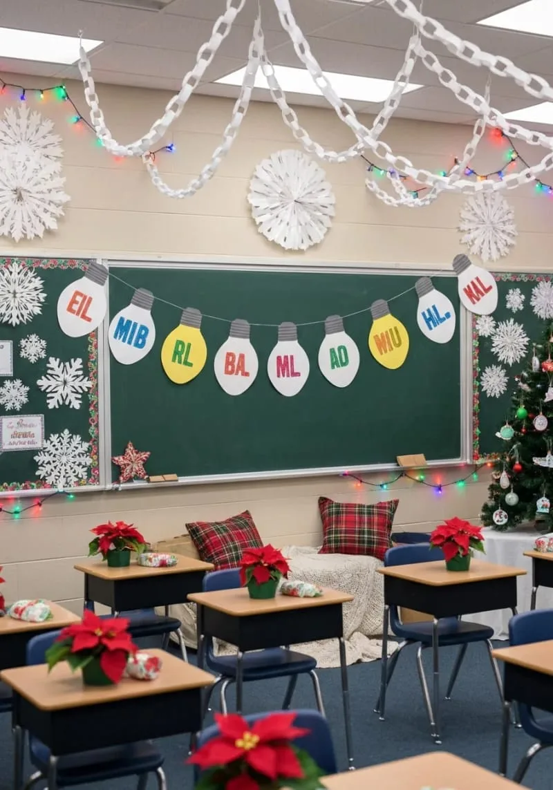 21 Festive Classroom Christmas Decor Ideas for a Joyful Season 30 christmas light bulb garland featuring student names in bright colors 1