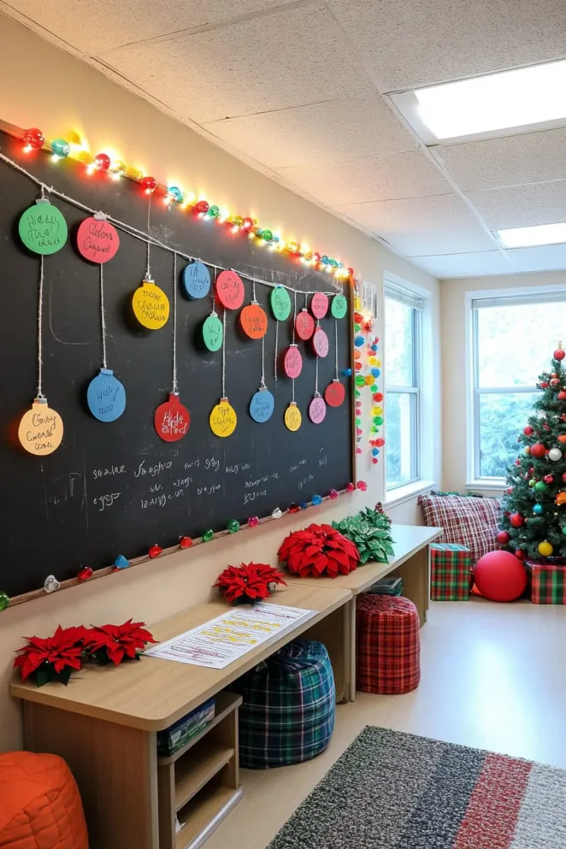21 Festive Classroom Christmas Decor Ideas for a Joyful Season 24 christmas light bulb garland featuring student names in bright colors 1