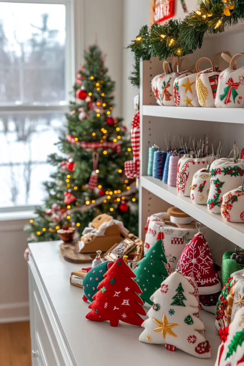 christmas themed pin cushions shaped like trees, stars, and candy canes 1