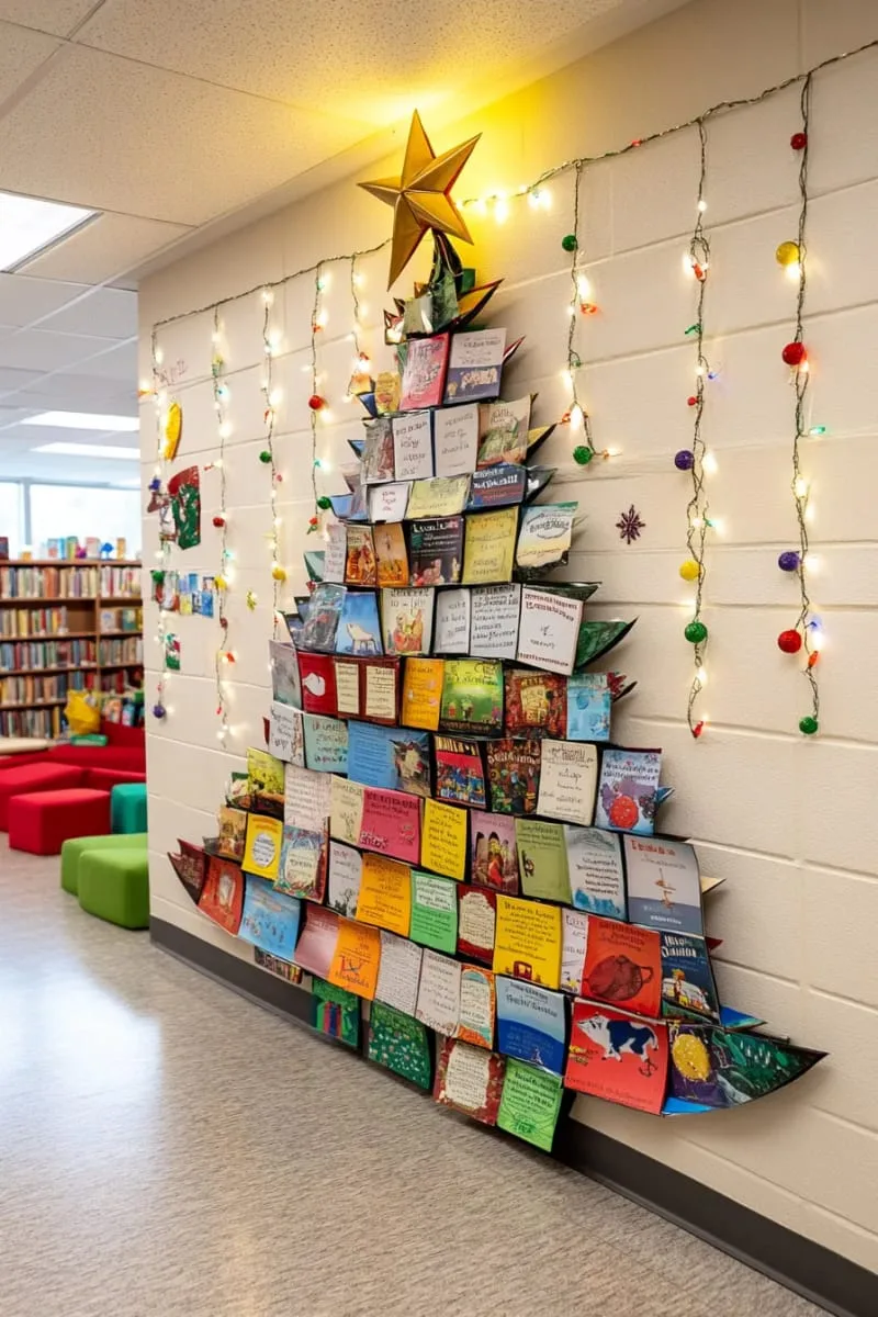 21 Festive Classroom Christmas Decor Ideas for a Joyful Season 64 christmas tree wall collage using book covers or favorite classroom stories 1