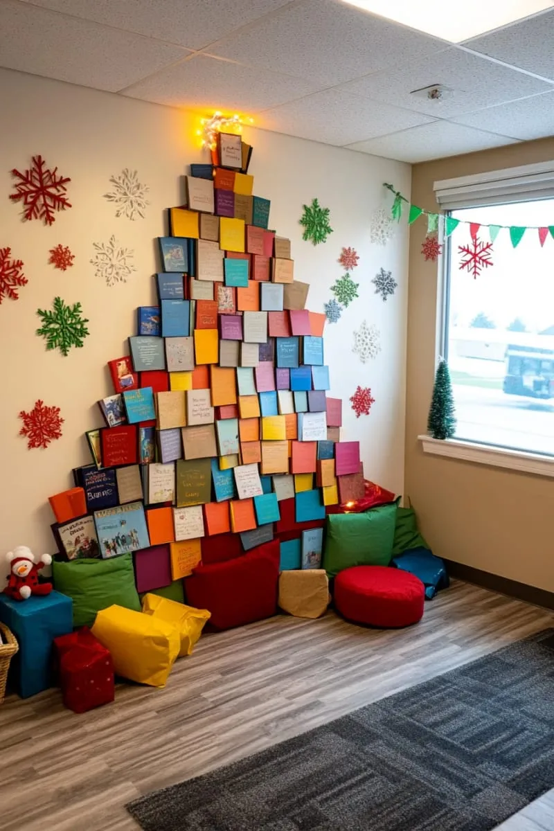21 Festive Classroom Christmas Decor Ideas for a Joyful Season 65 christmas tree wall collage using book covers or favorite classroom stories 1
