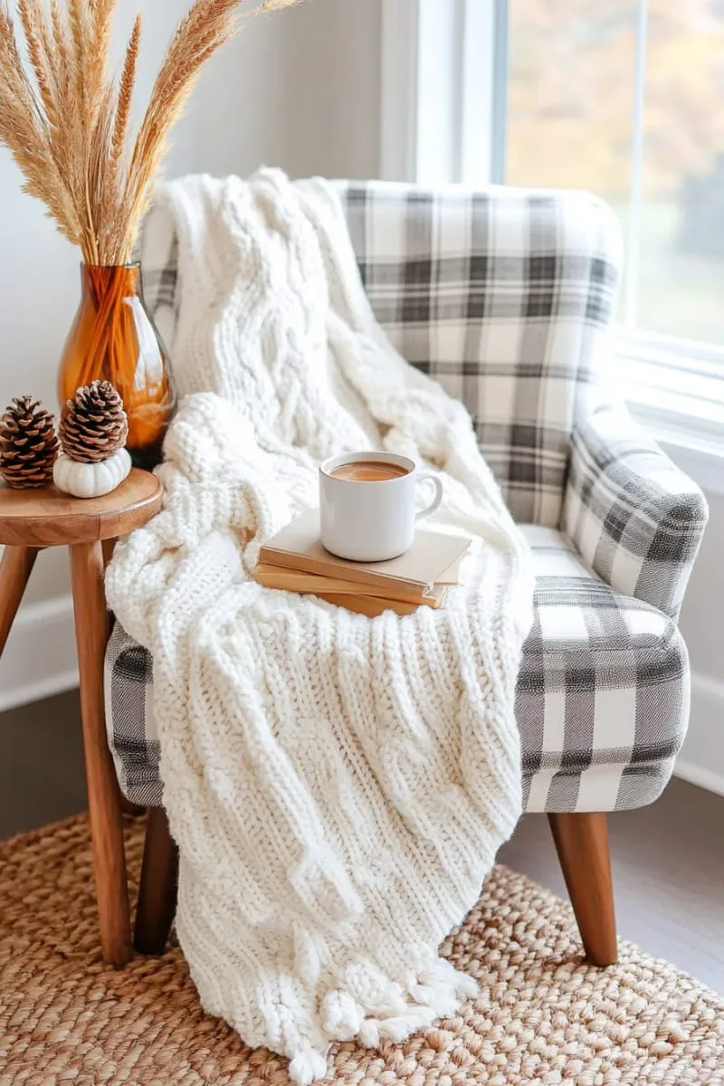 chunky knit throw blanket draped over a plaid armchair 1