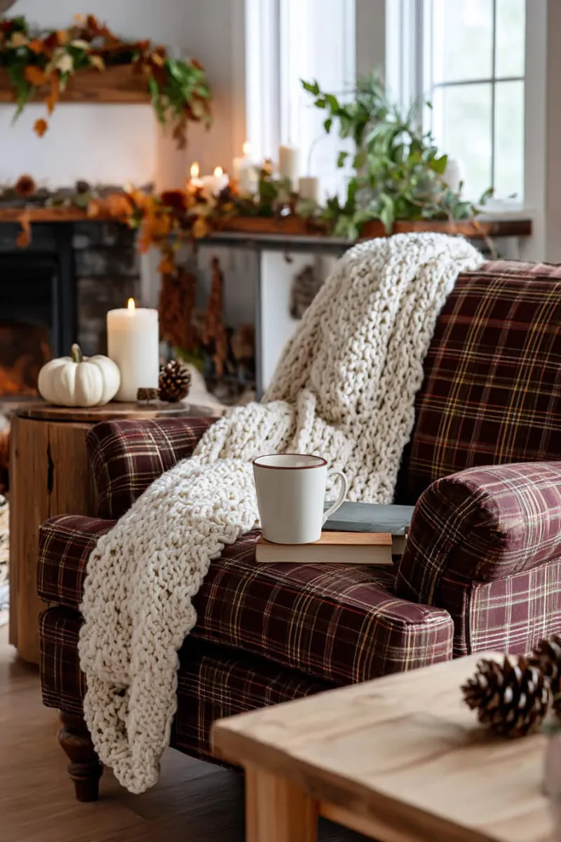 chunky knit throw blanket draped over a plaid armchair 1