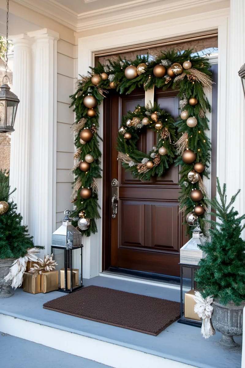 chunky pine garland layered with gold and silver ornaments for a luxe entrance 1