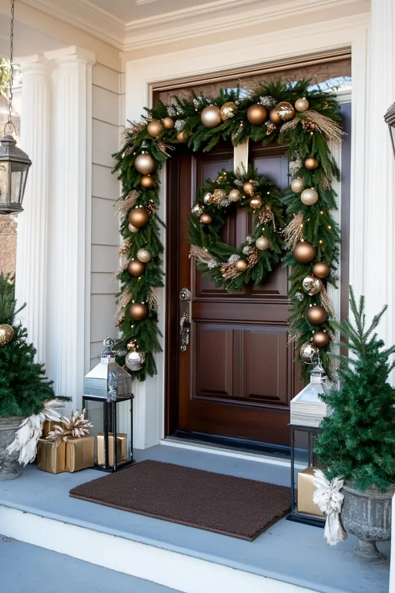 chunky pine garland layered with gold and silver ornaments for a luxe entrance 1