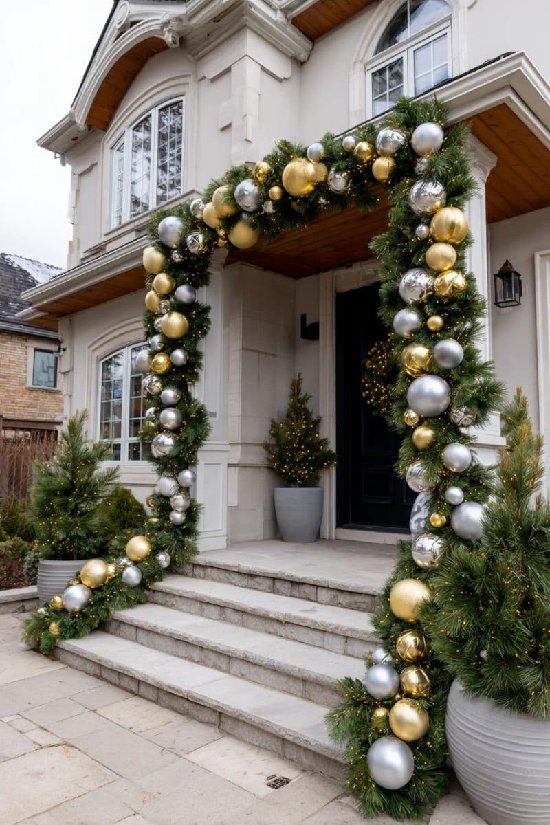 chunky pine garland layered with gold and silver ornaments for a luxe entrance 1