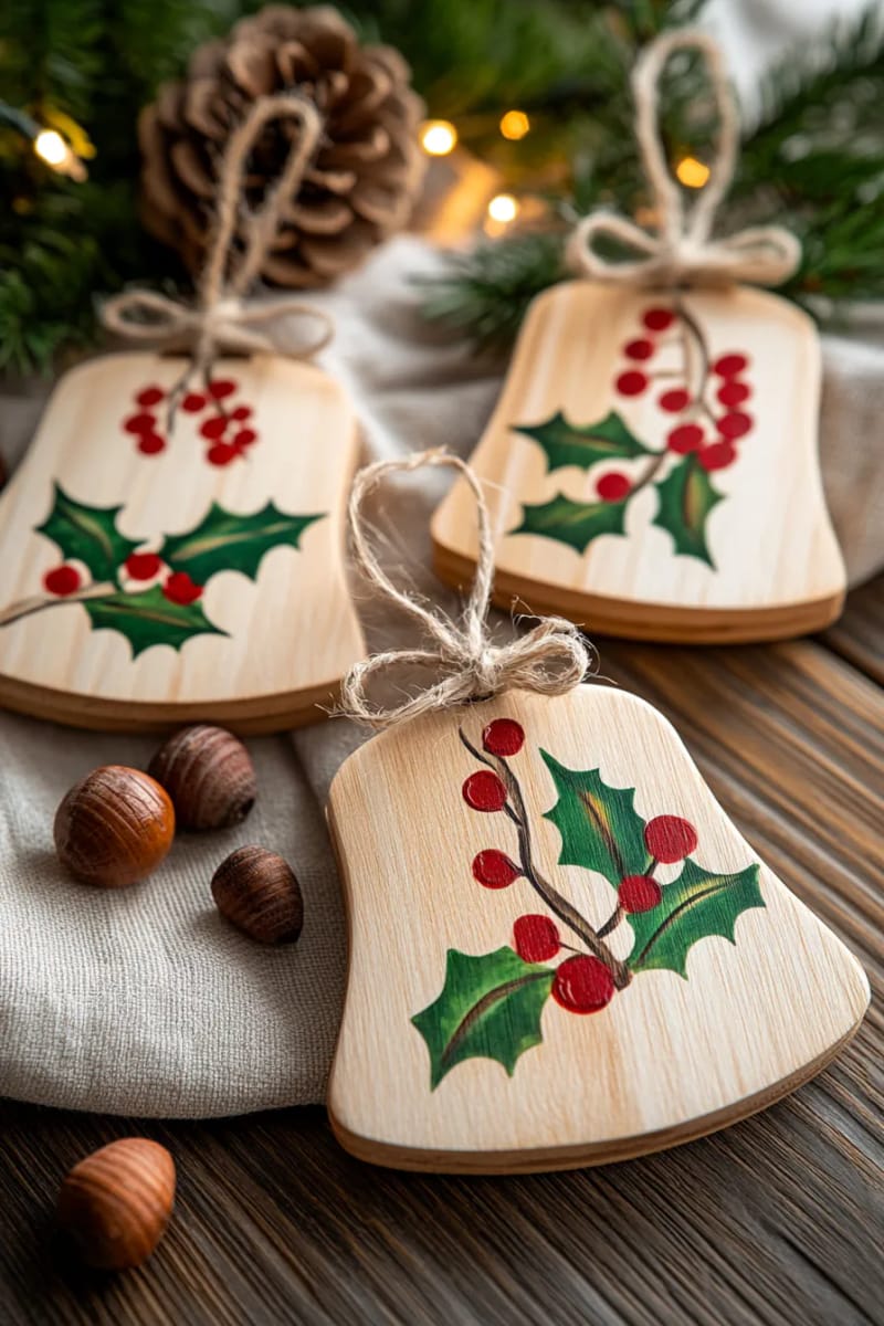 21 Wooden Christmas Ornament Ideas for a Warm and Natural Holiday Decor 46 chunky wooden bell silhouettes with hand-painted holly and berries 1